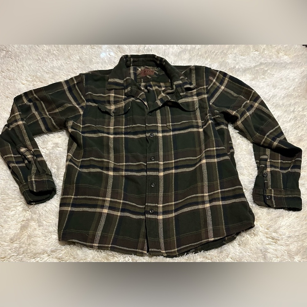 ORVIS Men’s Size XL Green Plaid Button-Up Heavy Duty Shacket 100% Cotton EUC